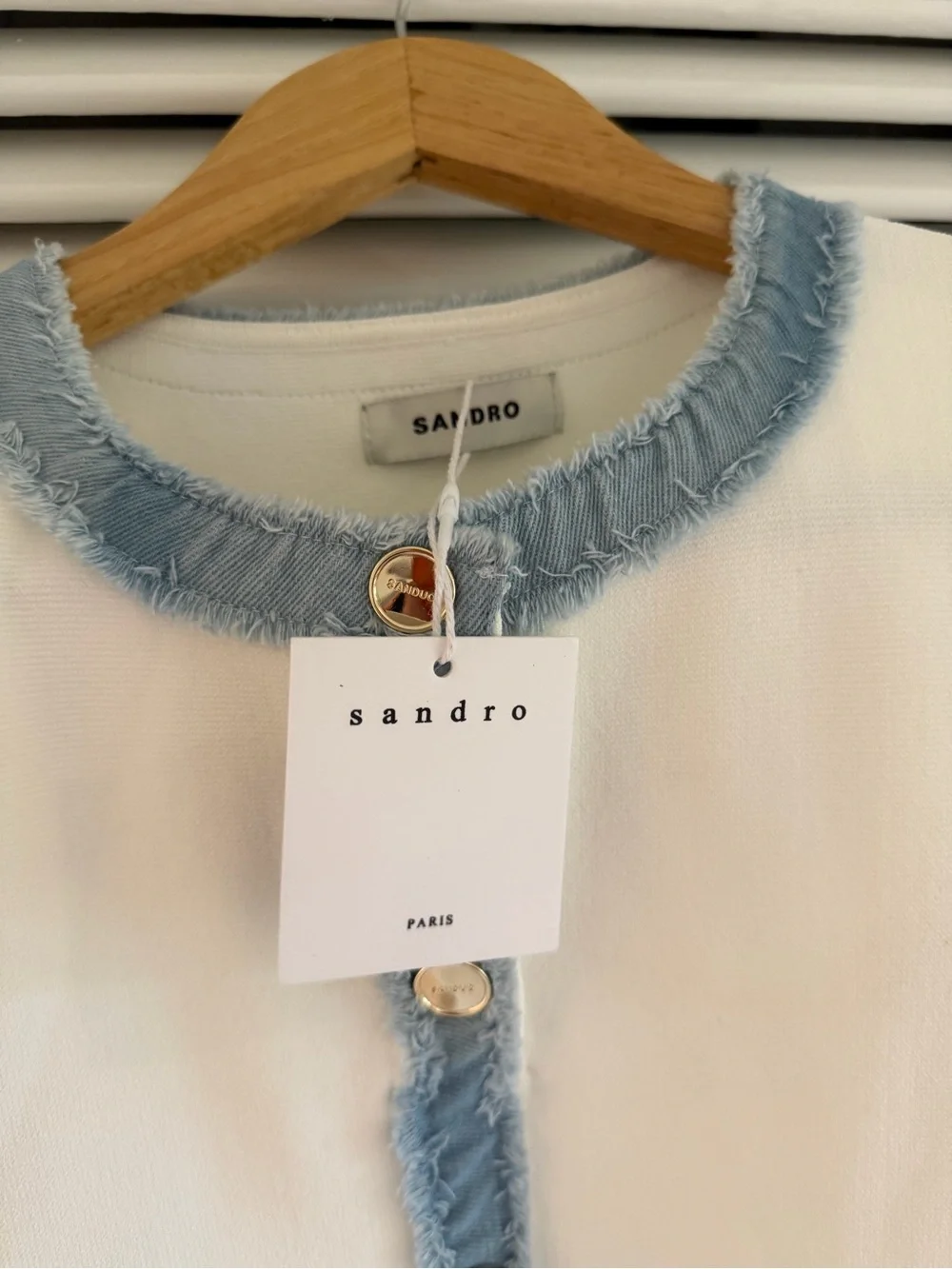 Sandro White Top with Light Blue Frayed Trim and Gold Buttons